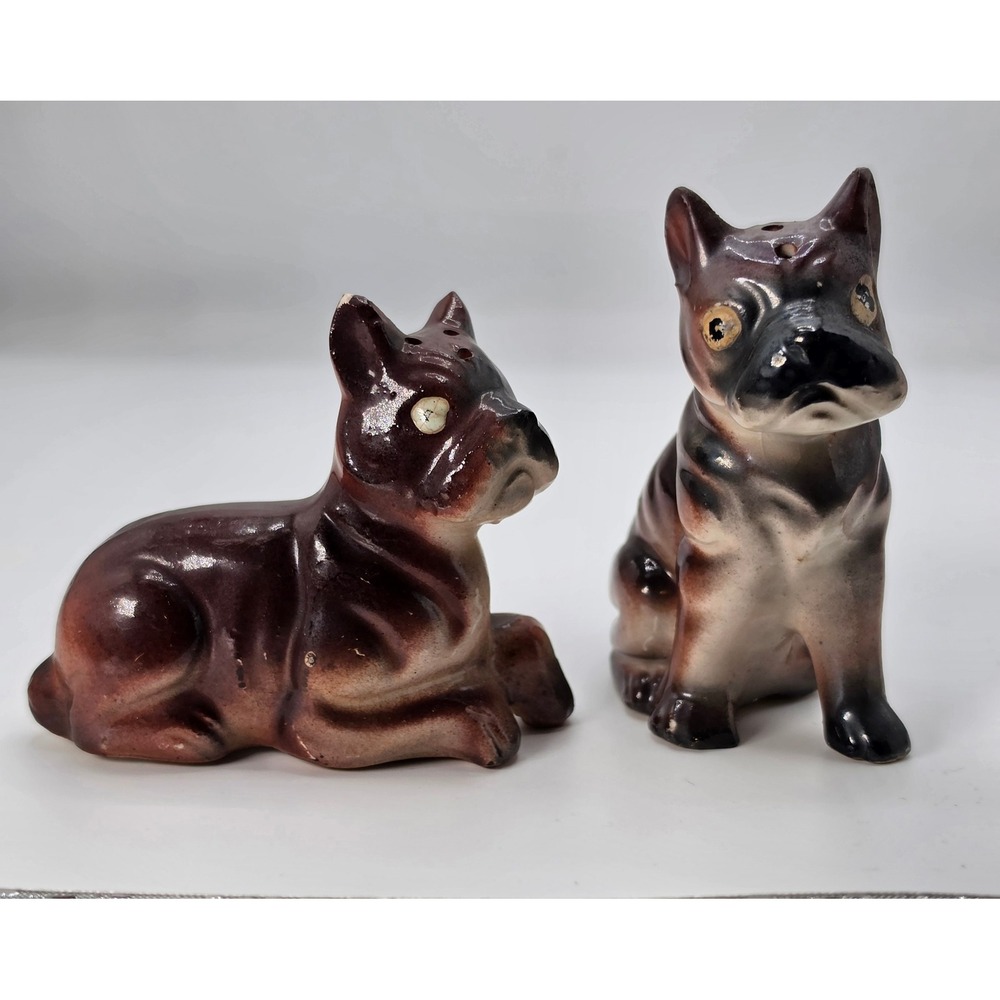 Vintage French Bulldog Boston Terrier Salt and Pepper Shakers Japan Ceramic Set